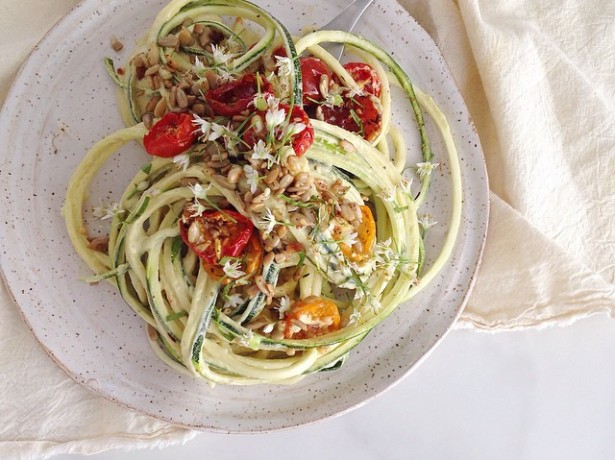 1555Recipe: Zucchini Noodles with Avocado Tahini Sauce and Roasted Cherry Tomatoes