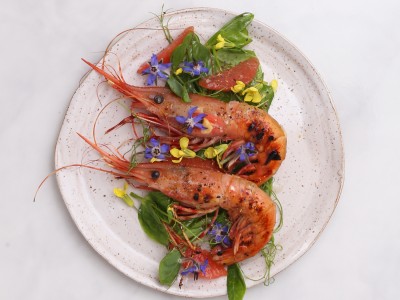1711A Recipe: Grilled Spot Prawns with Pea Shoots + Citrus